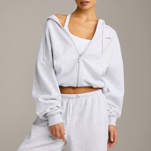 <span class=keywords><strong>Veste</strong></span> de survêtement zippée courte pour <span class=keywords><strong>femme</strong></span>, en molleton ultra doux, à épaules tombantes, style décontracté, de haute qualité - Product Image 2