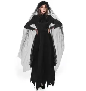 Cosplay di Halloween sposa fantasma Costume da donna Multi-strati nero abito lungo con copricapo lungo