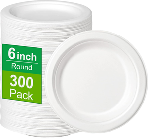 Assiettes en papier modernes de 6 pouces, compatibles micro-ondes, jetables, pour desserts, compostables, en bagasse blanche, en vrac - Product Image 1