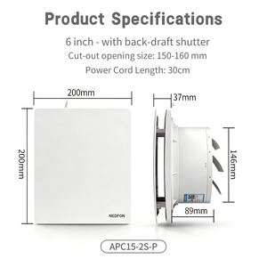 Ventilateur d'extraction APC15-2S-P 150 mm en plastique, axial, mural, électrique 220 V, blanc, moteur en cuivre pur, double panneau d'admission d'air - Product Image 2
