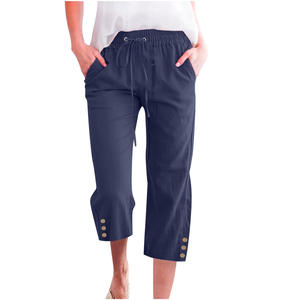 <span class=keywords><strong>Pantaloni</strong></span> corti estivi da donna <span class=keywords><strong>pantaloni</strong></span> a tinta unita tinta unita in cotone per la casa con coulisse Casual con bottoni larghi - Product Image 5