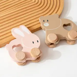 モンテッソーリママ木製プッシュアンドプルおもちゃクマ-赤ちゃんのおもちゃヴィンテージプルおもちゃ学習活動