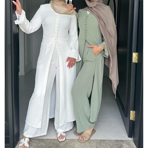 Dubai Turkish Solid Color Buttoned Robe and Pants Women's 2 Piece <b>Set</b> Fashion - Product Image 5