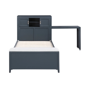Modern Navy Blue Twin Adjustable Platform Bed Bookcase Headboard Drawers Hidden <b>Desk</b> <b>Stool</b> Footboard Storage Bench Bedroom - Product Image 3