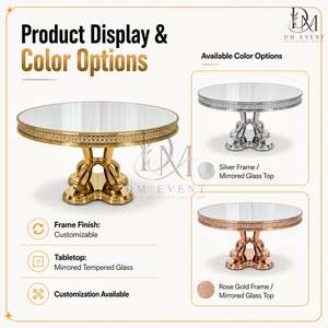 Table de banquet ronde pour hôtel, en acier inoxydable doré, avec base ornée et plateau en verre trempé miroir, vente en gros - Product Image 5