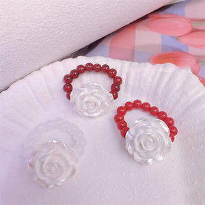 2025 New Imitation Cinnabar <strong>Agate</strong> <strong>Beads</strong> Rose Rings Resin Pearl White Camellia Elastic Women Ring Jewelry Custom - Product Image 2