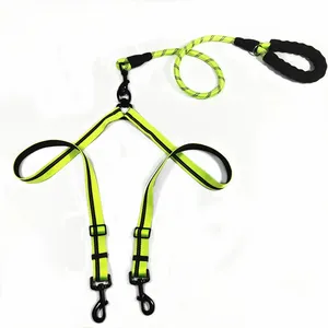 Reflective Double Dog Leashes For Two Dogs Braided Tangle Free Double Dog Coupler Training Leash
