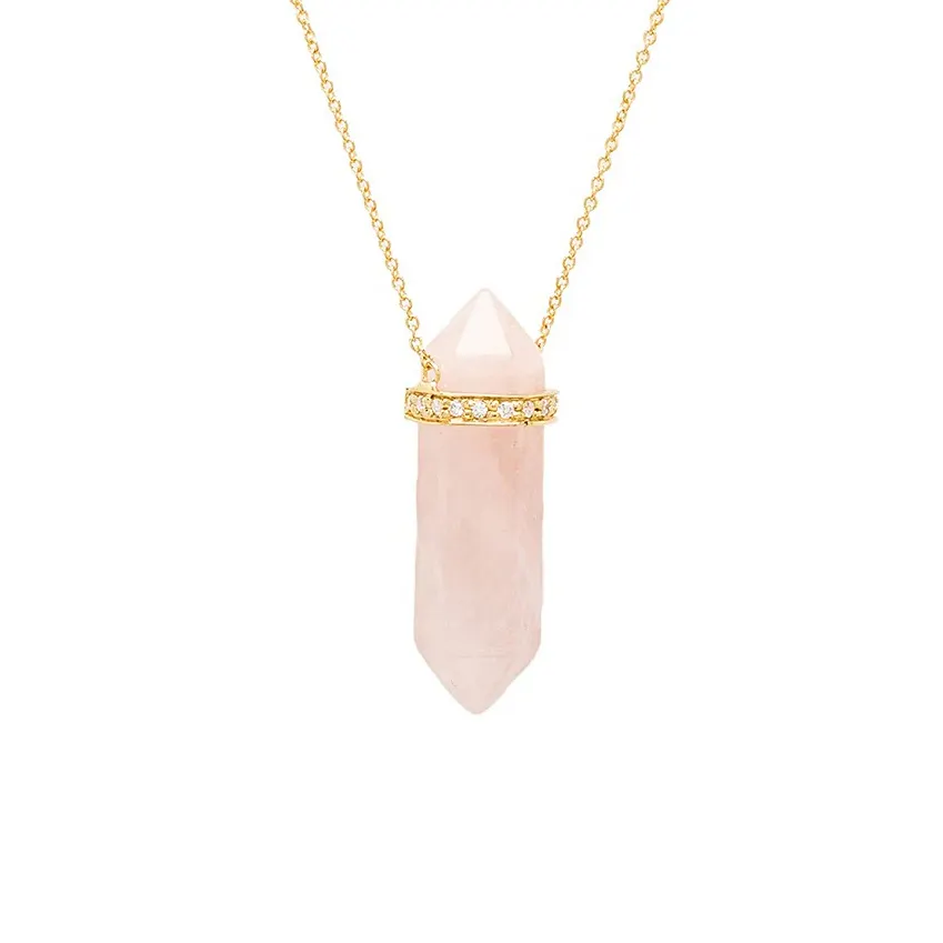 Natural Stone Pink Pendant Necklace Prism Shaped Pointed Crystal Necklace Quartz Gemstone Gold Amazonite Chain Necklace