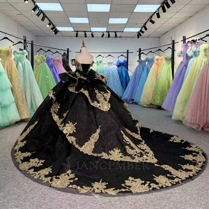 Robe de bal scintillante en mousseline de soie pour Quinceañera, modèle Dy5841, avec appliques noires et dorées, luxueuse, coupe cœur, pour fête d'anniversaire ou bal de promo - Product Image 5
