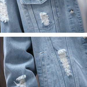 Custom Scratch Destroyed Ripped Blue Washed Denim Jacket para <span class=keywords><strong>Hombre</strong></span> Trend Ins Y2K Vintage Jacket - Product Image 3