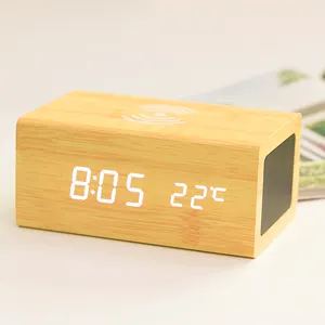 EMAF-Mesa y tablero de escritorio para niños, reloj despertador digital led de lujo con grabado de madera Qi, carga inalámbrica, altavoz bt