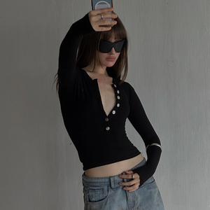 Top de Manga Larga con Cuello Redondo y Botones Metálicos en la Parte Delantera, Ajustado a la Cintura, Estilo Sexy y Versátil para Primavera/Otoño - Product Image 5