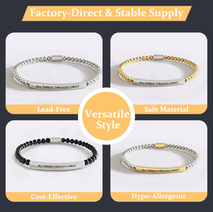 <span class=keywords><strong>Bracciale</strong></span> in Acciaio Inox 304 con Perline in <span class=keywords><strong>Oro</strong></span> 14K, <span class=keywords><strong>Turchese</strong></span> Opaco Nero, Incisione Laser, Tubo Curvo con Perline da 4mm - Product Image 2