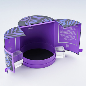 Boîte d'emballage ronde à double ouverture pour cosmétiques et soins de la peau, avec imprimé feuilles tropicales violettes, pour emballage de produits de soin corporel - Product Image 3