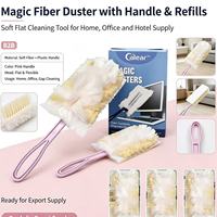 Plumeau magique à manche rose, brosse de nettoyage plate en fibres douces avec recharges pour la maison, le bureau et le dépoussiérage domestique