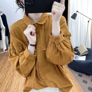 Women's Lantern Sleeve Blouse Army Yellow Long Sleeves Mandarin Collar Cotton Poplin Shirt Retro Everyday Wear - Product Image 2