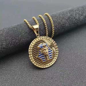 Collier pendentif Hip Hop Pharaon Égyptien en acier inoxydable plaqué or pour homme, design rond, bijoux de mode - Product Image 4