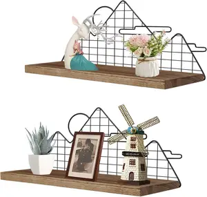 2 Packs Zwevende Planken Voor Muur Met Bergmaan Wolk Decor Rustieke Houten Wandplanken Met Metalen Draad Muur Gemonteerd Display