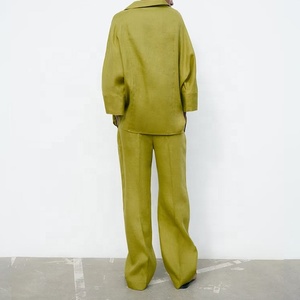 Eco Friendly <span class=keywords><strong>misto</strong></span> <span class=keywords><strong>lino</strong></span> 2 pezzi primavera estate camicia a maniche lunghe <span class=keywords><strong>pantaloni</strong></span> larghi dritti da donna abiti Casual pigiami da salotto - Product Image 3