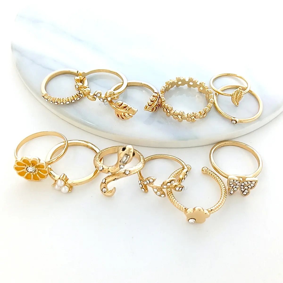 Minimalist gold stacking snake enamel flower pearl leaf crystal butterfly gold plated Rings for women