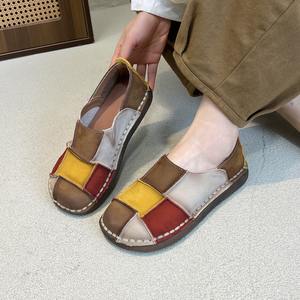 Chaussures plates rétro en patchwork de couleurs contrastées, chaussures plates en cuir véritable pour femmes, bout rond, semelle souple, chaussures simples pour femmes - Product Image 3