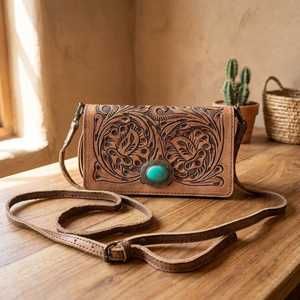 Bolso bandolera de vaquera de estilo occidental con herramientas florales de cuero de alta calidad con cierre de cremallera de borla larga decoración de remaches de moda - Product Image 2