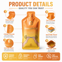 Pochette personnalisée imprimée de forme spéciale pour gel énergétique, thermoscellable, découpée à l'emporte-pièce, pochette verticale pour l'emballage de compléments nutritionnels sportifs