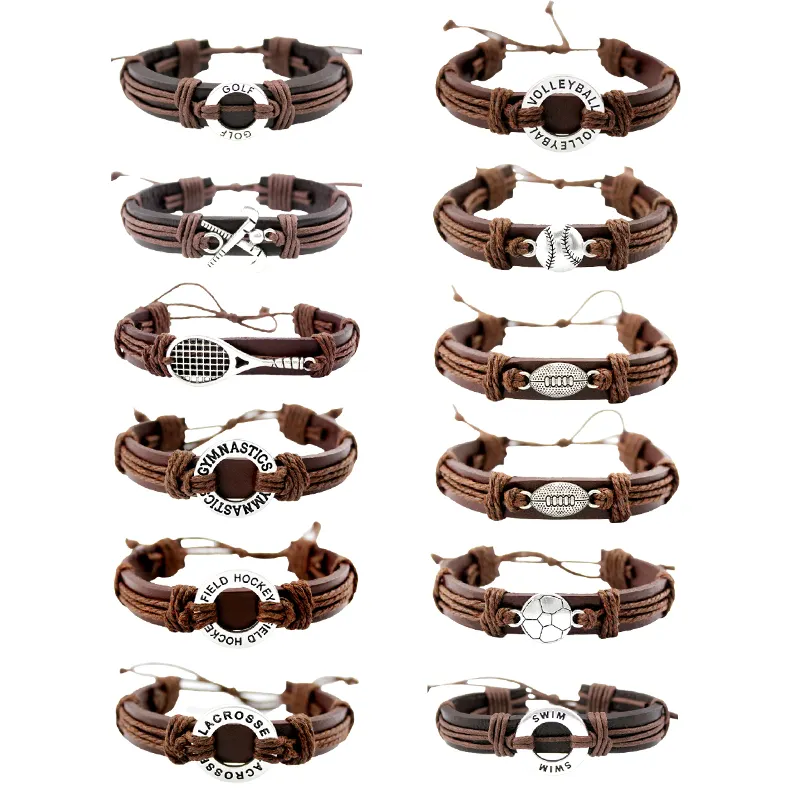 Bracelet en cuir véritable pour hommes, Football, Baseball, Lacrosse, Hockey, Tennis, basket-ball, Golf, volley-ball