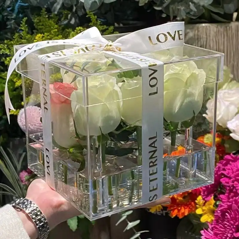 Custom Acrylic Box Rose Minimalist clear Flower Box plastic valentine package jewelry plexiglass wedding acrylic gift boxes