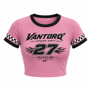 Custom Print Y2K Racing Crop <b>Tops</b> Short Sleeve Pink Base <b>Checker</b> Rib Women Retro Graphic Tees - Product Image 2
