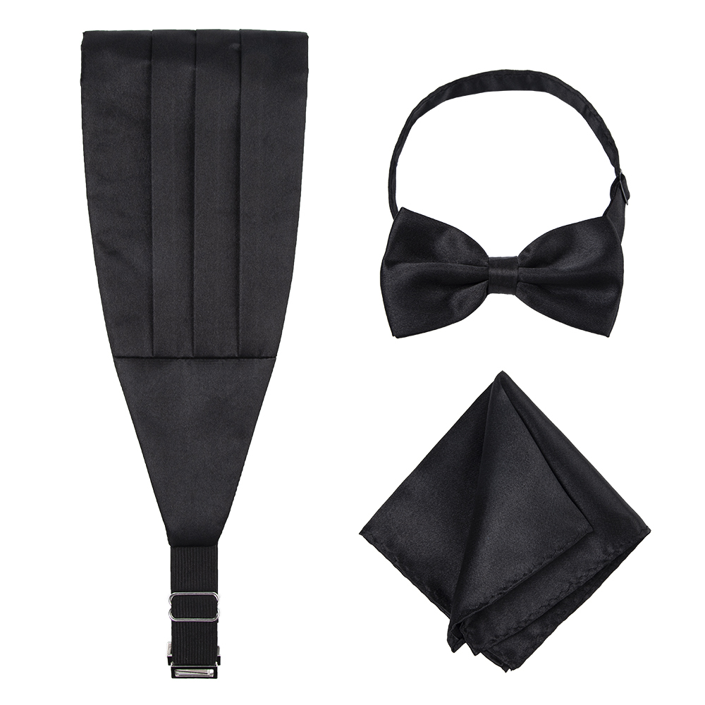 Freemasons Black Cummerbund Set With Bow Tie & Pocket Square - Adjustable Waistband - Handmade In UK