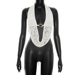 Viviblook J26ST162 Conjunto de verano para mujer, top sin espalda con cuello halter de encaje, pantalones cortos ajustados, conjunto de dos piezas - Product Image 6