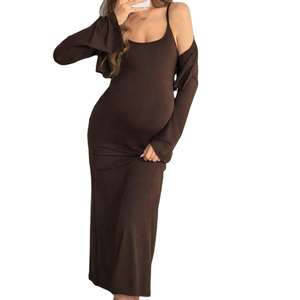 Conjunto de Pijama de Maternidad, Ropa de Dormir Sexy, Camisón, Cárdigan de Manga Larga para Mujer y Vestido Midi Ajustado sin Mangas, Vestidos de Maternidad - Product Image 1
