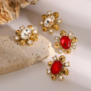 Pendientes de flor con circonitas rojas y blancas de oro de 18K, joyería de fiesta con engaste de garra, pendientes colgantes finos - Product Image 3