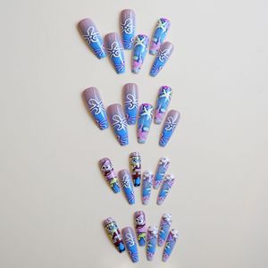 24 Uñas Postizas de Bob Esponja, Diseño Largo en Forma de Ataúd, Color Azul Degradado, con Diseño de Patricio Estrella y Estrellas de Mar, Suministros para Uñas - Product Image 4