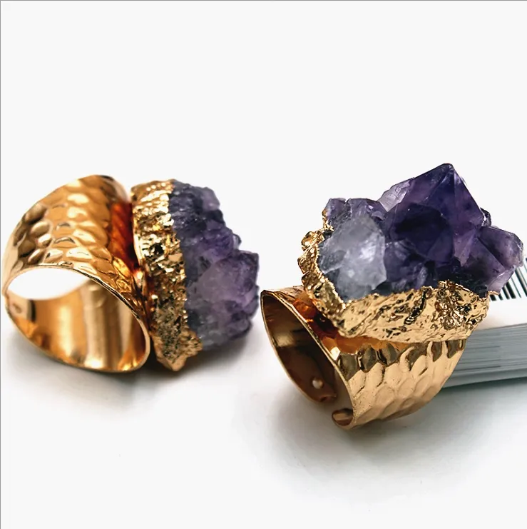 Bague en améthyste naturelle, druse, en cristal plaqué or, géode, anneau réglable en pierre précieuse
