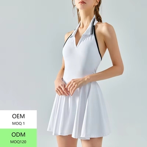 Groothandel op maat gemaakte LOGO dames contrastkleurige polo halter tennisjurken met gevoerde rugloze padelkleding elegante geplooide rok - Product Image 5