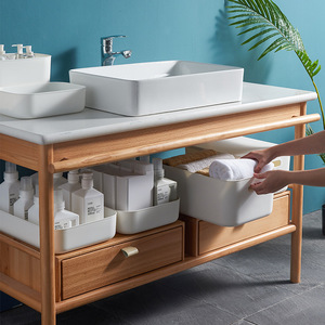 Desktop Storage Box Rectangle Stackable 20L-30L Solid Color Bathroom Toiletries Organizer - Product Image 1