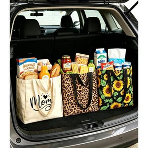 <b>Extra</b> <b>Large</b> Canvas Grocery Bag Leopard <b>Print</b> Foldable Tote With 6 Pockets For Shopping - Product Image 5