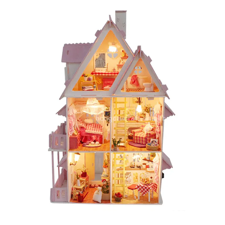 Новое поступление, комплект мебели для кукольного домика для больших детей, деревянный комплект для кукольного домика, розовое двухэтажное бунгало с лофтом и светодиодом