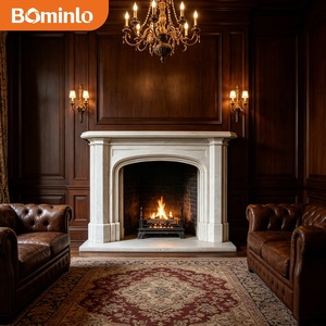 Caminetto Classico <span class=keywords><strong>in</strong></span> Marmo Bianco con Apertura ad Arco <span class=keywords><strong>e</strong></span> Focolare Rivestito <span class=keywords><strong>in</strong></span> <span class=keywords><strong>Mattoni</strong></span>, Design per Studio, Biblioteca, Soggiorno Formale, Villa - Product Image 1