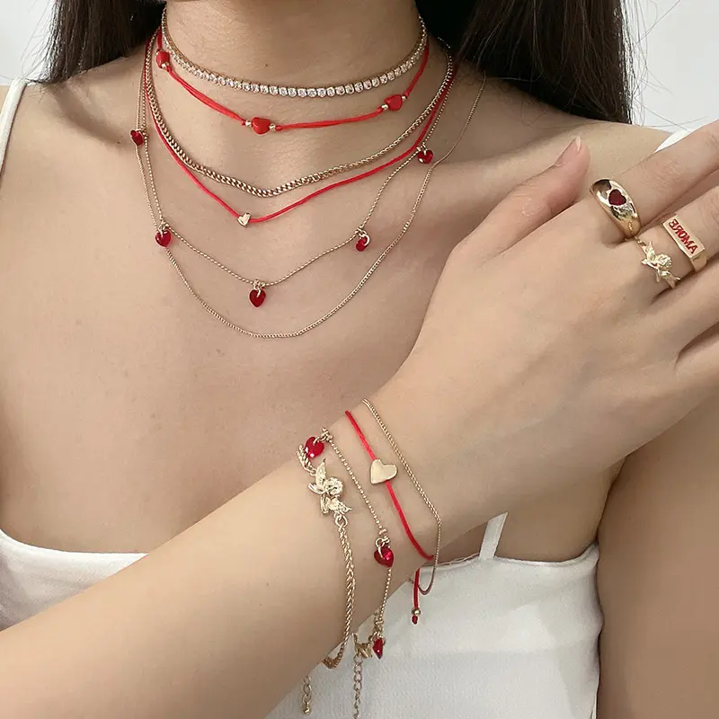 Wholesale New Women Valentine Day Red Heart Charms Gold Thin Chain Layered Stackable Bracelet set