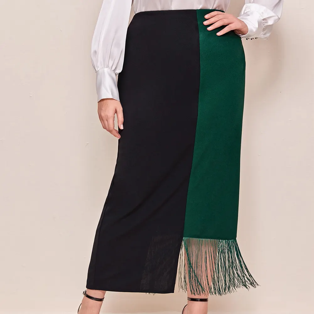 Plus Size Black Green Elegant Long Patchwork Tassel Women Evening Skirts
