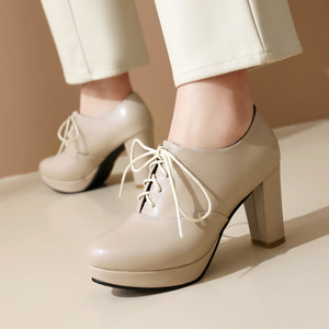 <b>White</b> Faux Leather Platform <b>Heels</b> With Lace-Up Closure Round Toe Mid Block <b>Heel</b> Women Shoes All Seasons Drop Shipping - Product Image 4