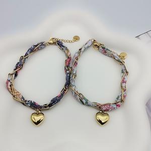 ファッションブレスレット布とステンレススチールハート形ゴールドメッキチャームブレスレット手作り女性用男性用 - Product Image 2