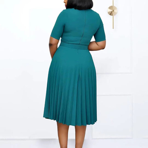 Robes de travail grandes tailles, robes plissées élégantes, robe midi en coton à col rond et coupe trapèze, robe décontractée et confortable pour femme de bureau. - Product Image 4