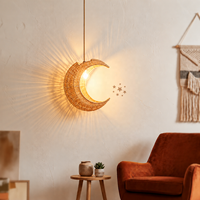 Lampu Gantung Rotan Alami Bentuk Bulan Sabit Anyaman Tangan untuk Kamar Bayi/Anak E26 E27