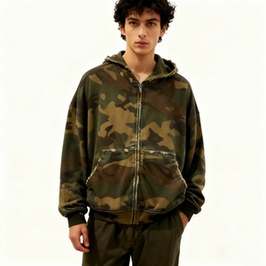 TKAN262D impression numérique personnalisée pour hommes surdimensionnée en vrac 100% coton éponge française camouflage lavé en détresse fermeture éclair avec poche à capuche - Product Image 1