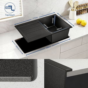 Évier de cuisine robuste en granit noir 78x50cm, montable, avec égouttoir à vaisselle enroulable et composant de drainage - Product Image 6