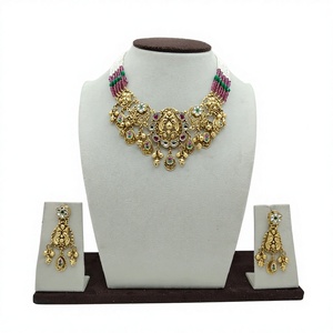 Traditional 925 Silver Multicolor <b>Beaded</b> Choker Necklace <b>Set</b> Kundan Work Hanging Matching Earrings Antique Ethnic Jewelry - Product Image 1